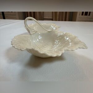 Lenox  Porcelain Double Leaf Candy Nut Dish with Handle Ivory - Made in U.S.A